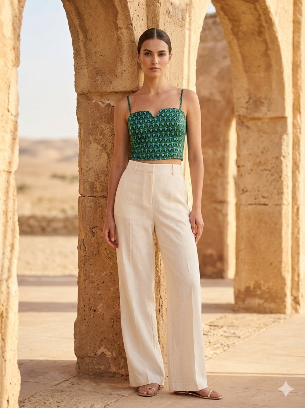 Amisu Teal and Black Patterned Crop Top